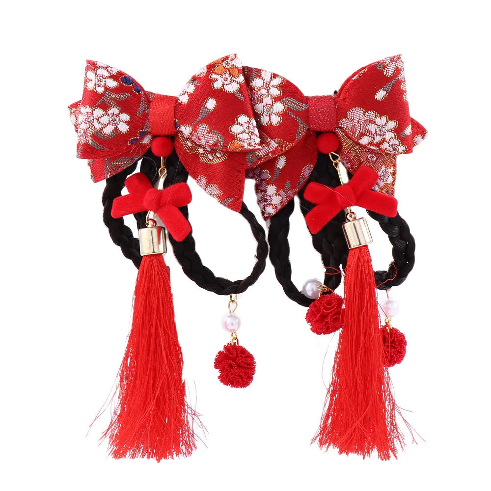 Elegant Sweet Cloth Hanfu Headdress Tang Suit Tassel Chinese Style Wig Braid Hairpin Side Clip Bow Hairpin Hair Accessories Qme C