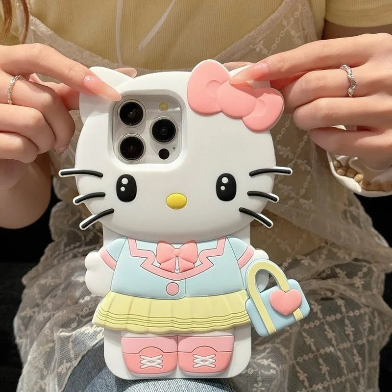 Sanrio Cute 3D Big Head Hello Kitty Case For iPhone 14 15 16 17, Cartoon Bear Heart Soft Silicone Anti-drop Ladies Phone Shell Qme
