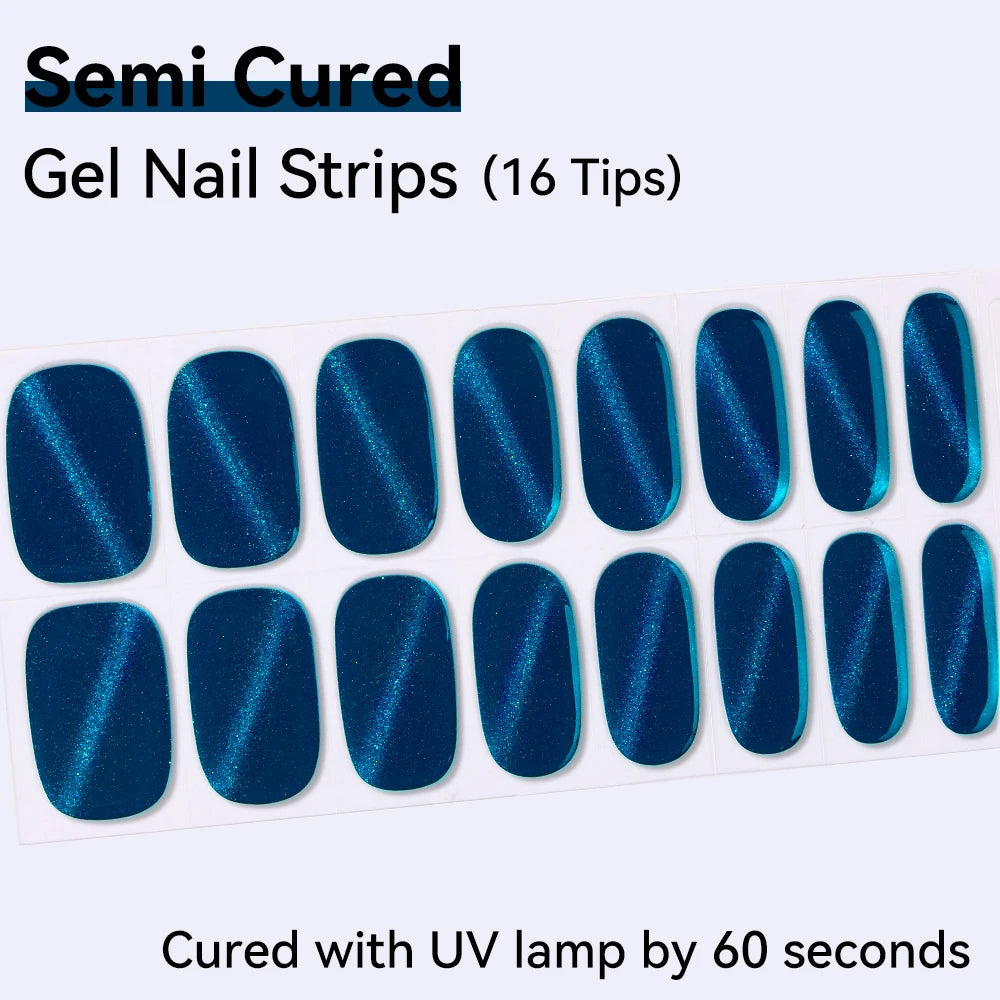 16Tips Red Blue Shine Cat Eyes Semi Cured Gel Nail Stickers Pure Fine Qme NF250060
