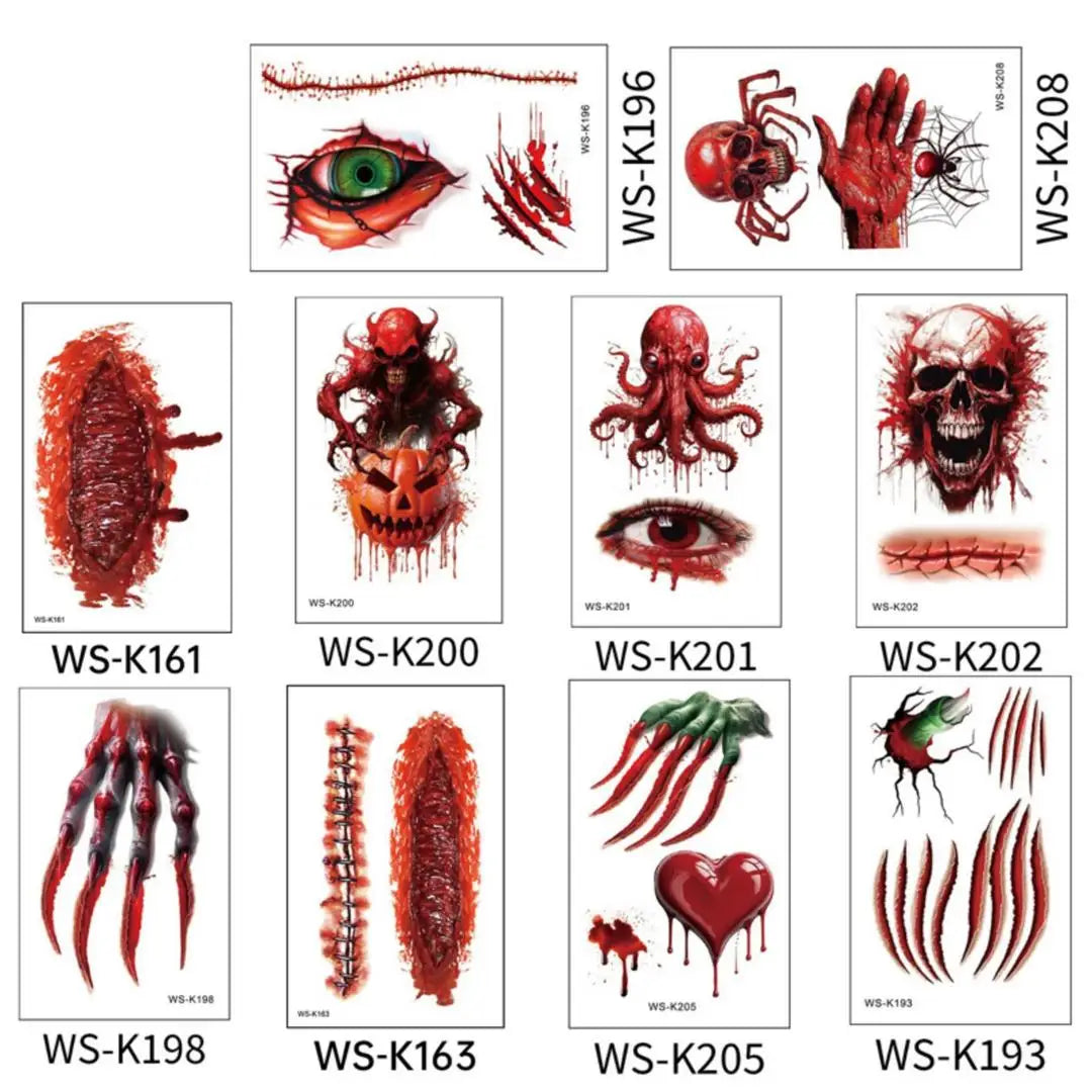 A 10pcs Waterproof Halloween Tattoo Stickers Bleeding Wound Scar Temporary Tattoos for Women Men Fake Tattoo For Halloween Party Qme 10pcs WS-K161K208