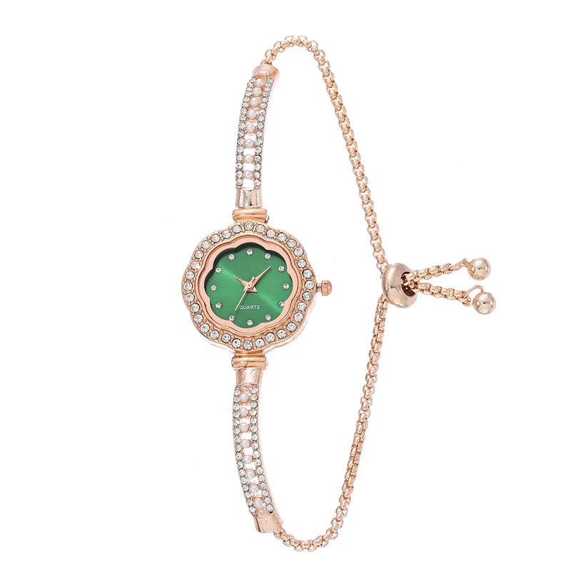 1pcs Floral Colorful Dial Fashion Small Light Luxury Pearl Strap Women's Watch Features Pulling Bracelet Qme Silver