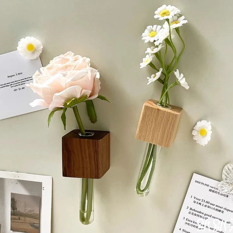 1/2pcs Wooden Magnetic Test Tube Vase Refrigerator Magnet DIY Flower Arrangement Simulation Flower Vase Home Kitchen Decoration Qme