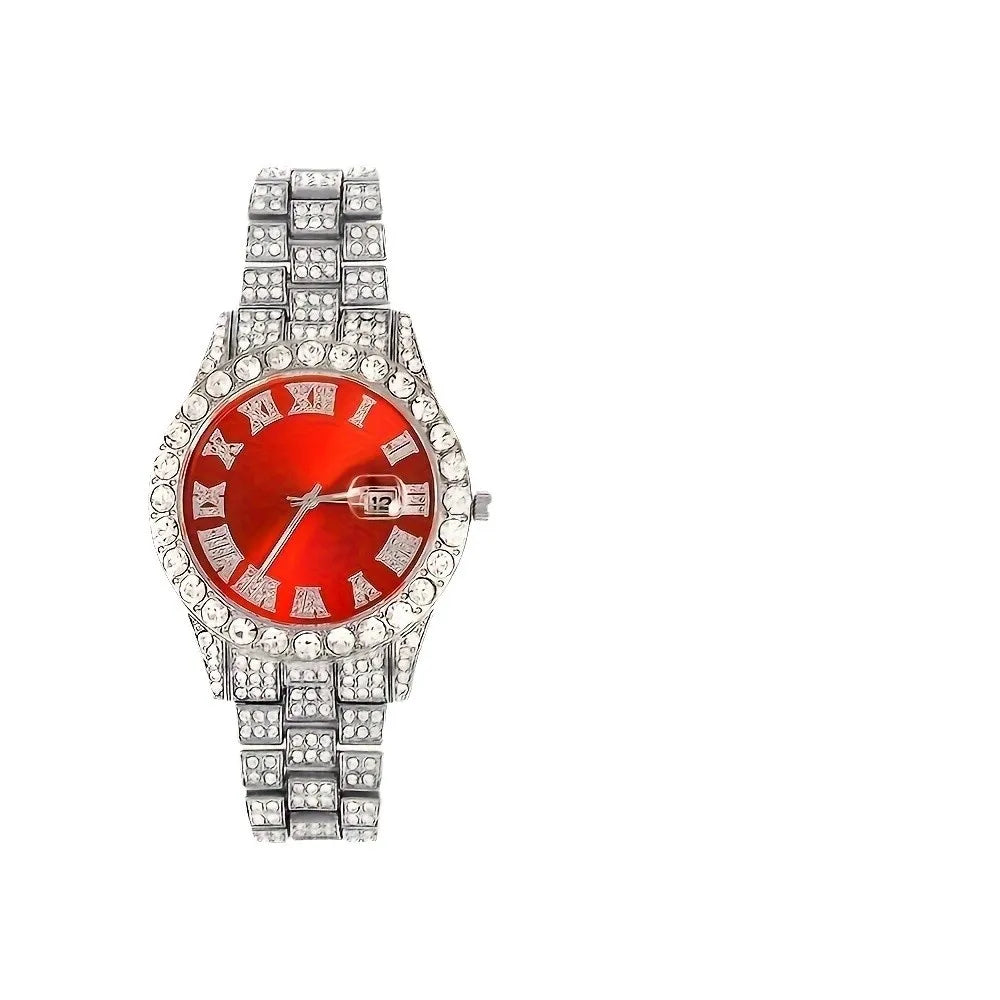 Diamond studded luxury steel strip quartz watch, diamond studded hip-hop Cuban bracelet set, watch set Qme