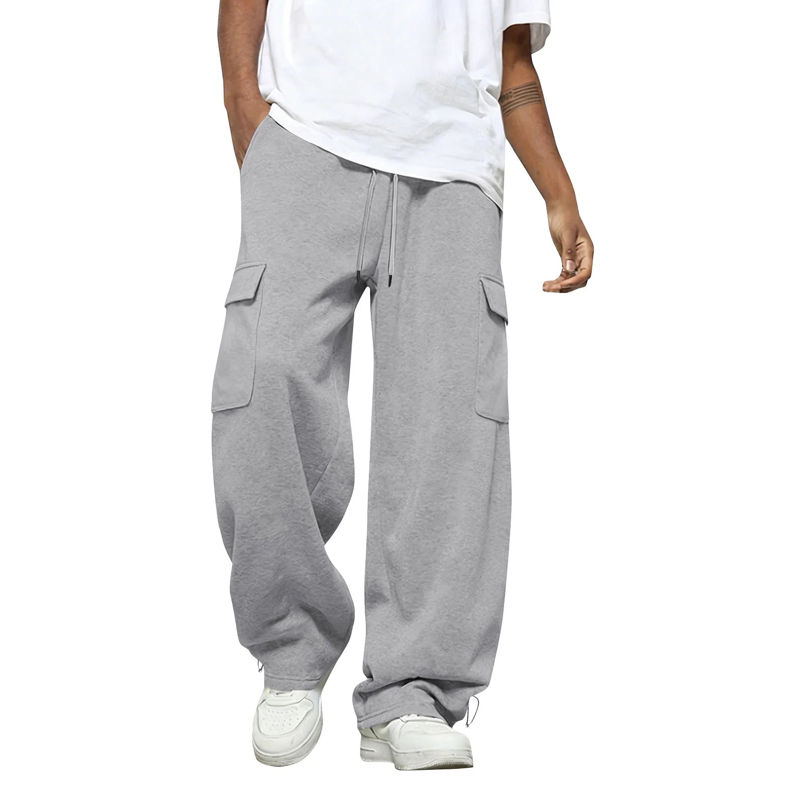 Male Basic Baggy Solid Wide Leg Sweatpants Fashion Daily Versatile Drawstring Elastic Waist Trousers Sports Hiking Comfy Pants Qme Light Gray XL