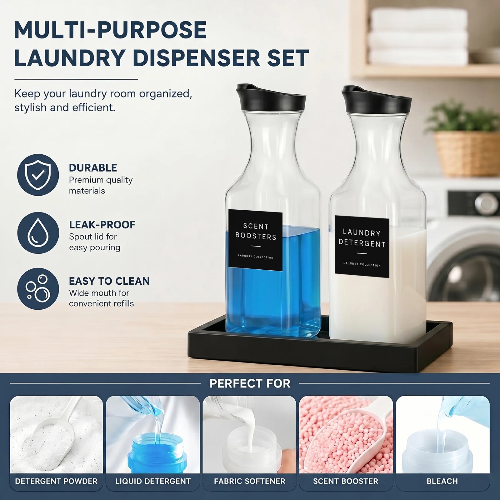 lack Laundry Detergent Dispenser Set with Silicone Tray Refillable Laundry Soap Dispenser for Detergent Scent Beads Softener Qme