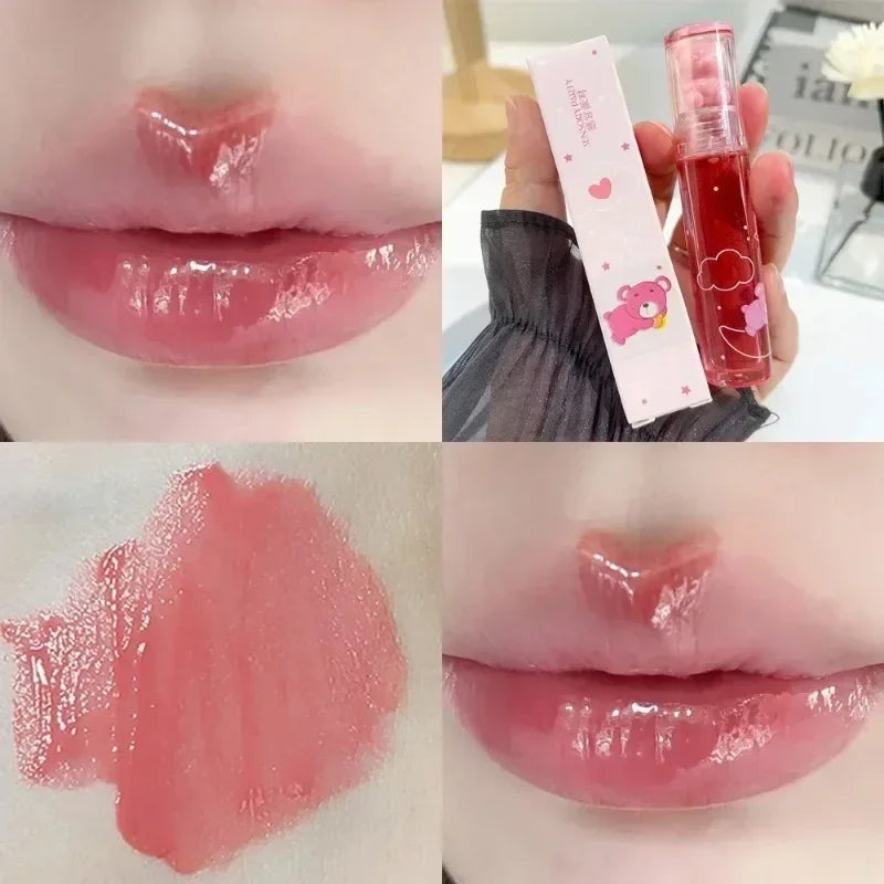 Cute Pink Bear Water Light Lip Gloss Lasting Crystal Glossy Lip Glaze Mirror Nude Liquid Lipstick Women Lips Makeup Cosmetics Qme 01