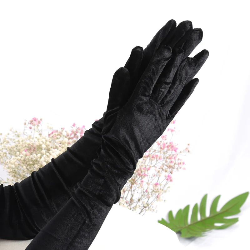 Women Velvet Long Autumn Winter Warm Black Evening Dress Etiquette Gloves Retro Style Banquet Accessories Elasticity Mittens Qme