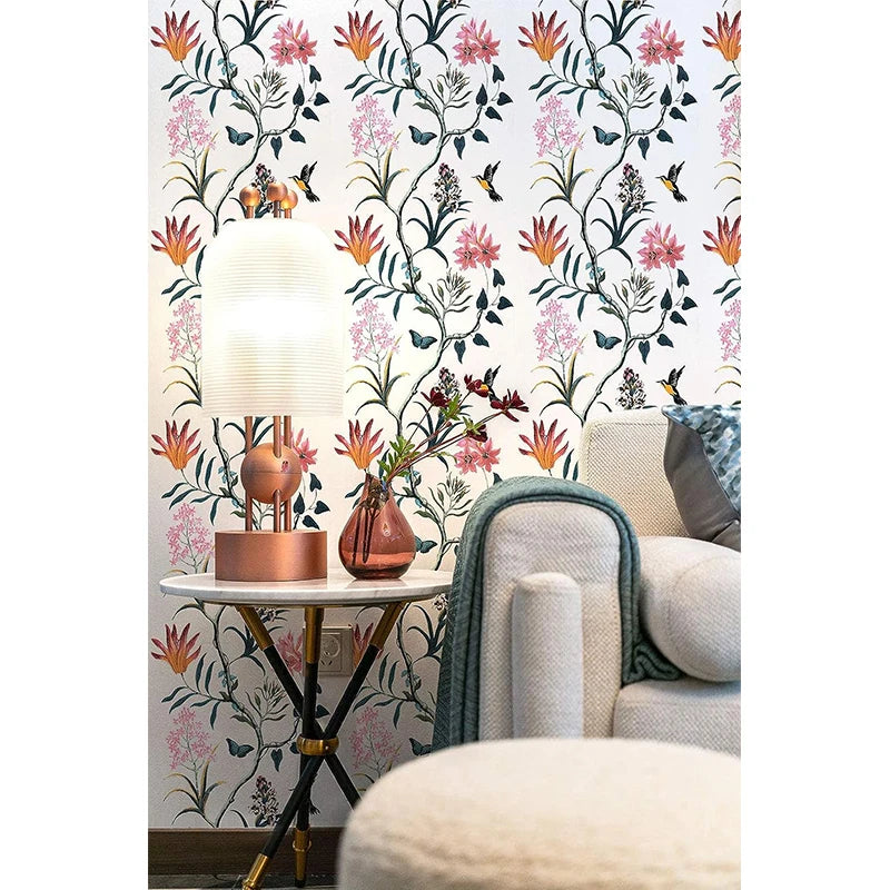 Self Adhesive Floral Bird Wallpaper Modern Pink Flower Living Room Qme