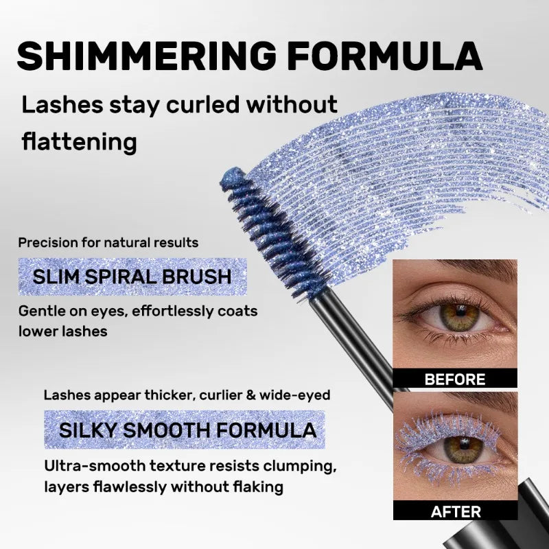 Snowflake Glitter Mascara, Smudge-Proof All Day Wear, Natural Lash Extension Effect, Flake Resistant Formula, Shimmer Mascara Qme