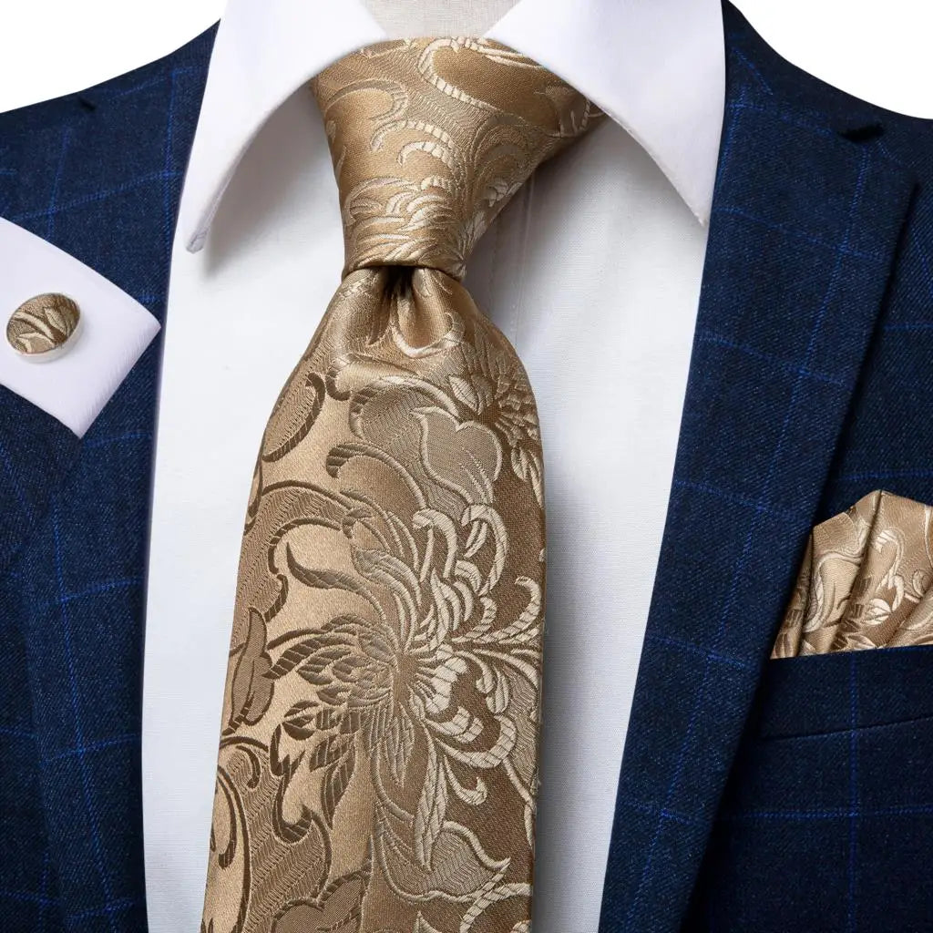 Hi-Tie Paisley Brown Tie For Men Elegant Mens Necktie Pocket Square Cufflink Groom Wedding Accessory Wholesale New Designer Qme 1N-0309