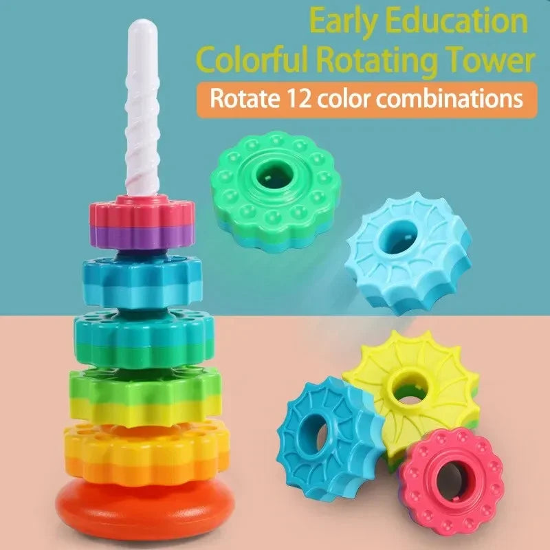 Montessori Rotating Rainbow Tower Baby Stacking Puzzle Toys Safety and Environmental Protection Colored Children's Toys Boy Girl Qme