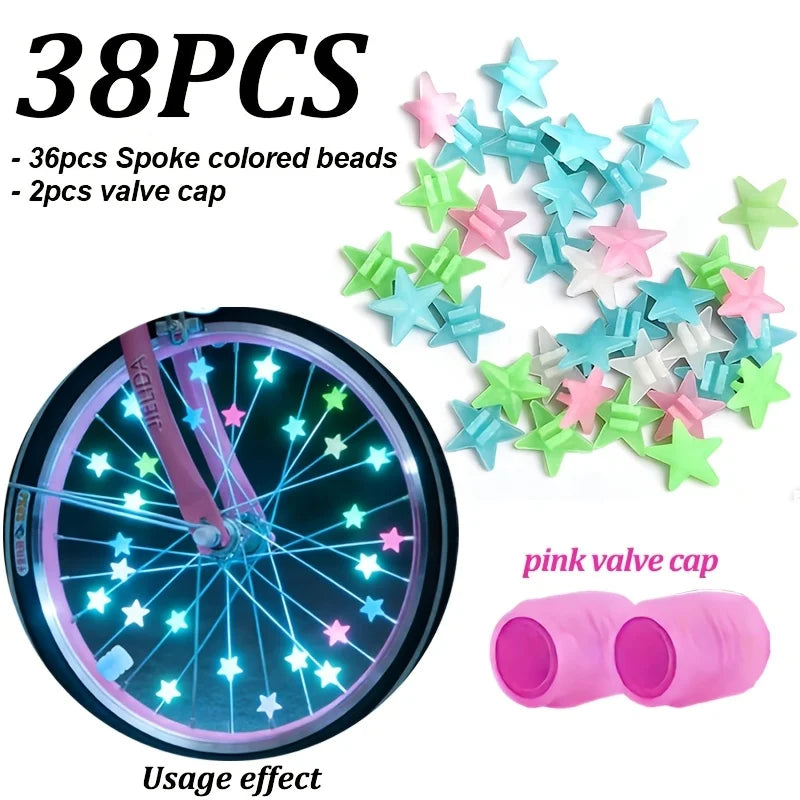 38Pcs Glow-in-the-Dark Spoke Beads & Valve Caps Set, Luminous Star Wheel Decorations for Night Riding Qme pink valve cap