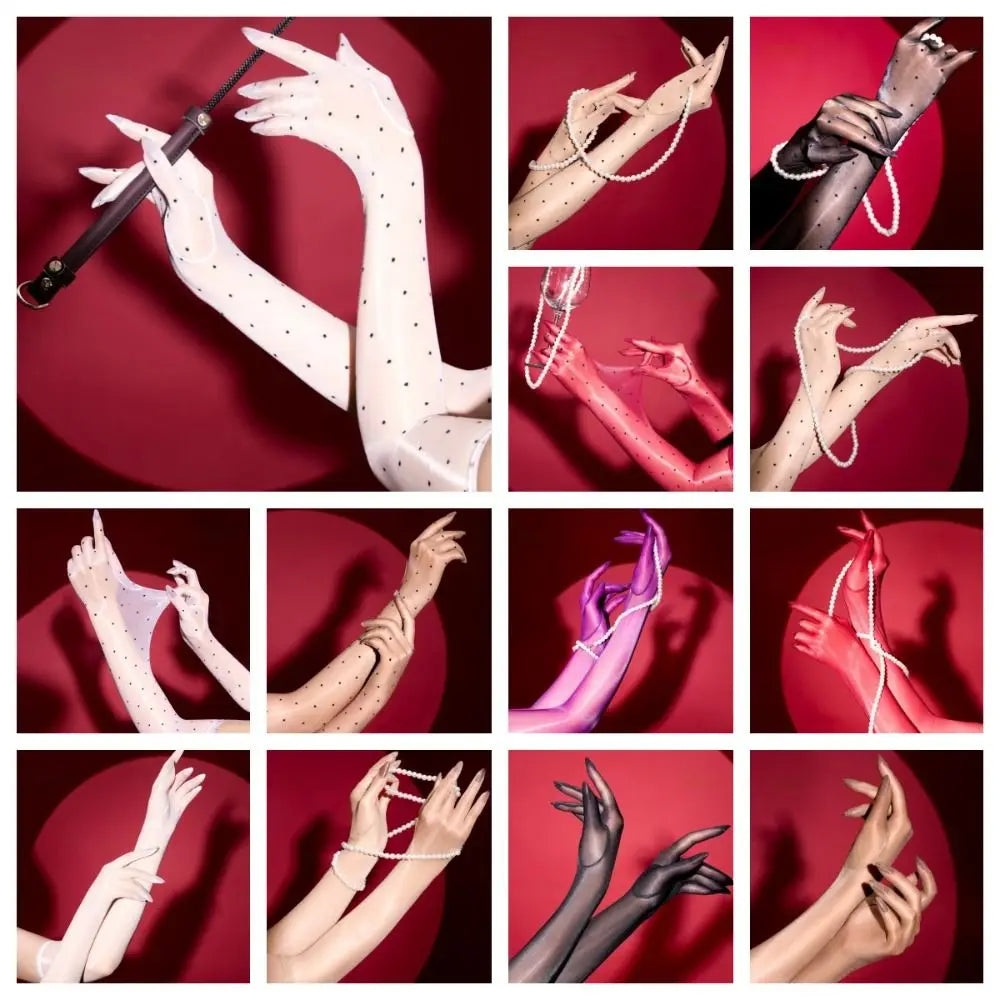 Breathable Polka Dot Five Finger Gloves Ultra-thin Oil Shiny Long Qme