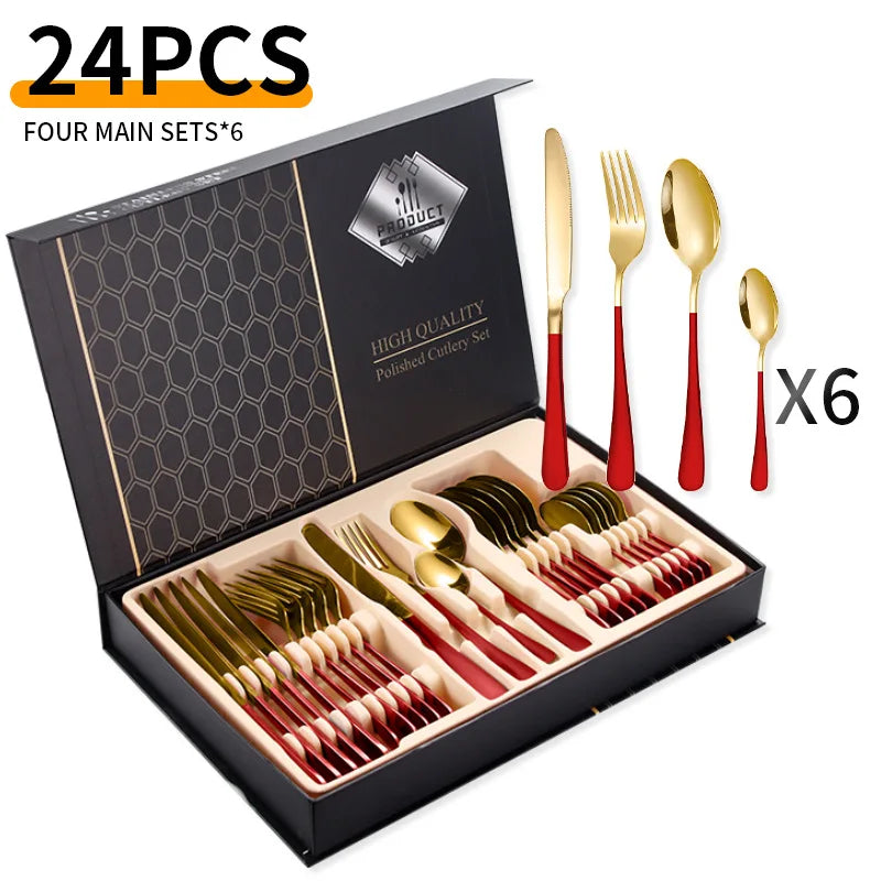 24-Piece Stainless Steel Tableware Set,Western Cutlery Steak Knife Fork Spoon, Gift Box Set for Home Restaurant Wedding Gift Qme B-24Pcs RedGold