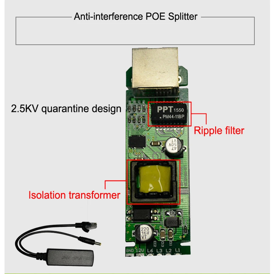 5pcs 48V To 12V PoE Splitter Anti-interference 15W POE Adapter Cable Power Supply Module DC5.5*2.1mm Connector for IP Camera Qme