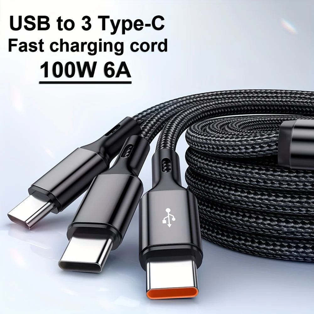 3 IN 1 USB Cable Cord USB To Type C Charger Cable Multi 6A Type C Ports Fast Charging Data Cord For iPhone Samsung Xiaomi Huawei Qme