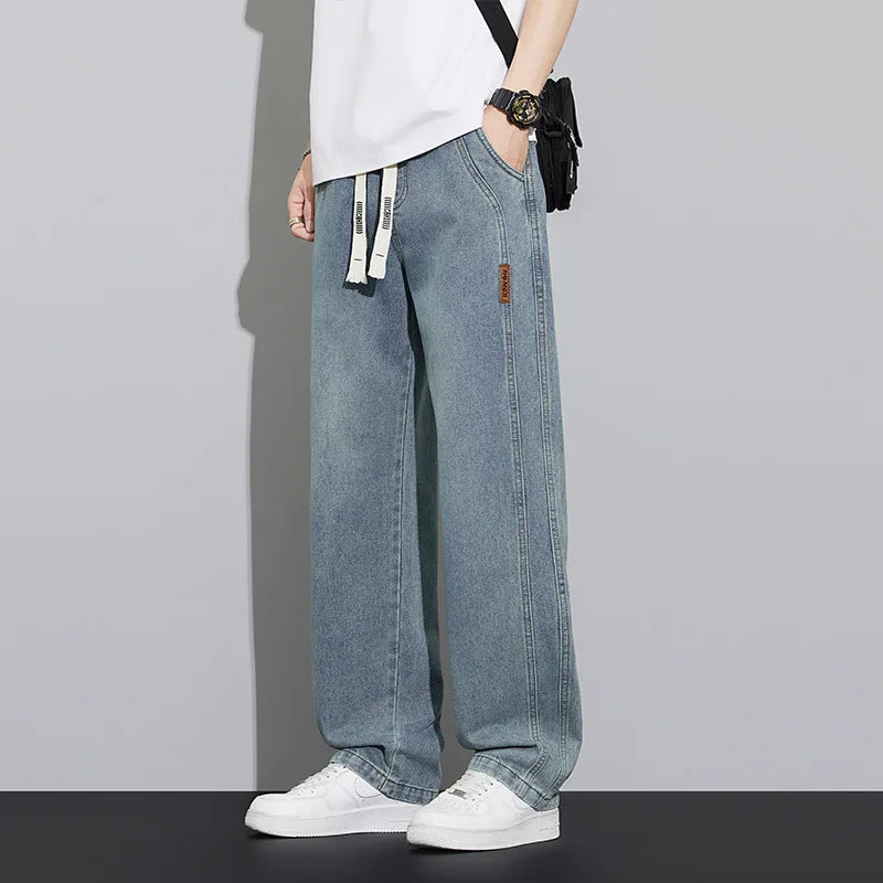 Summer work jeans men's street fashion denim jogging pants men's loose harem jeans, loose straight wide-leg jeans Qme Retro Blue XL