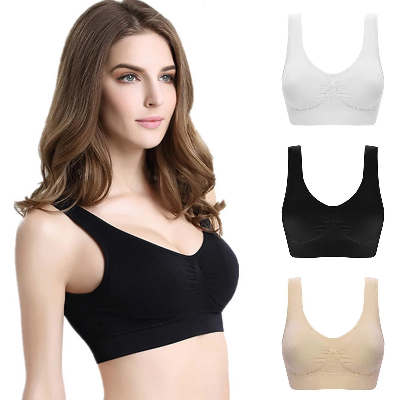 3 Pack Women Sports Bra Wirefree Yoga Bras Tank Top High Intensity Push Up Three Color Solid Color Elastic Sports Bra Qme