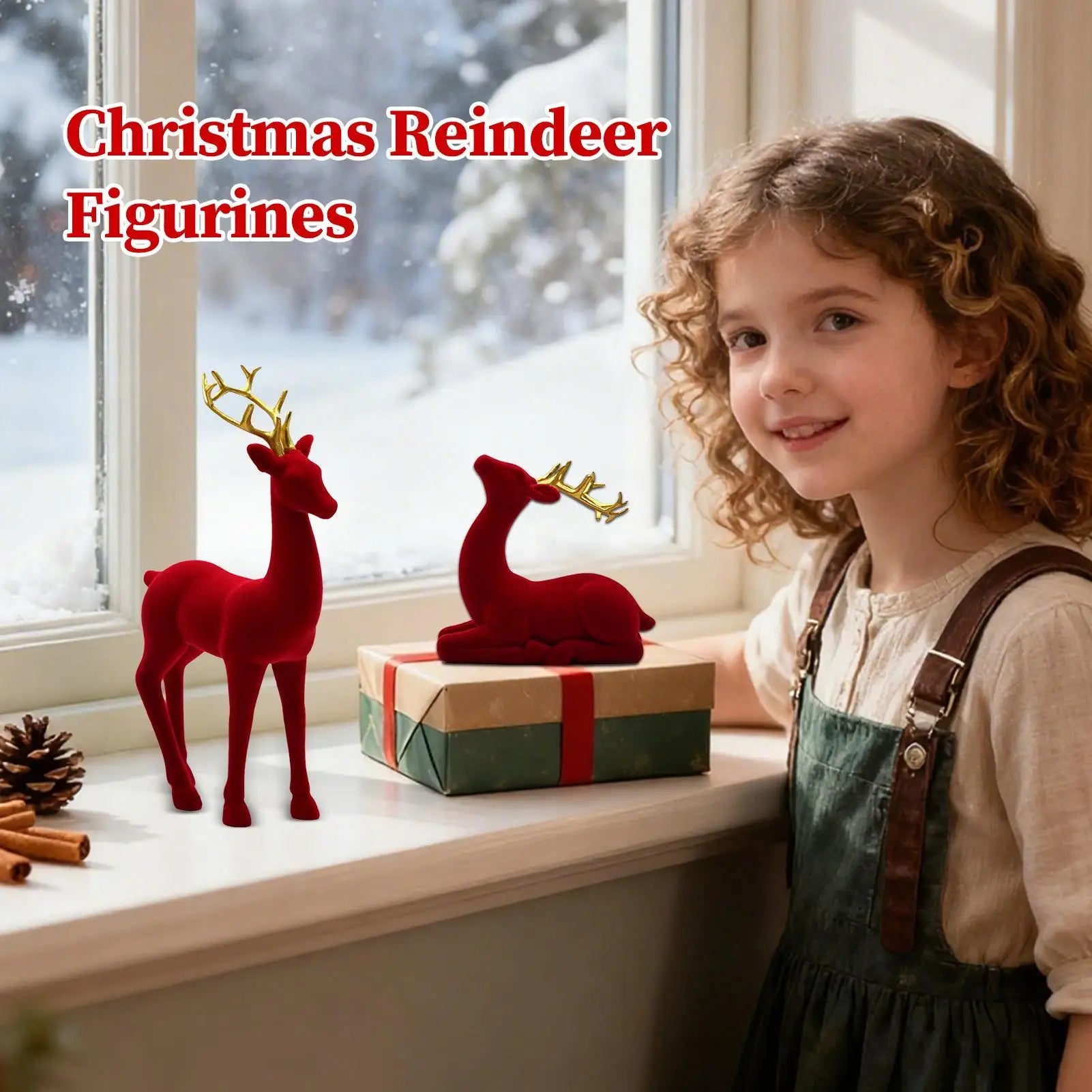 Christmas Deer Flocking Christmas Animals 2 Pieces Red And Green Aesthetic Standing Sitting Elk Statue For Workplace Bedside Qme