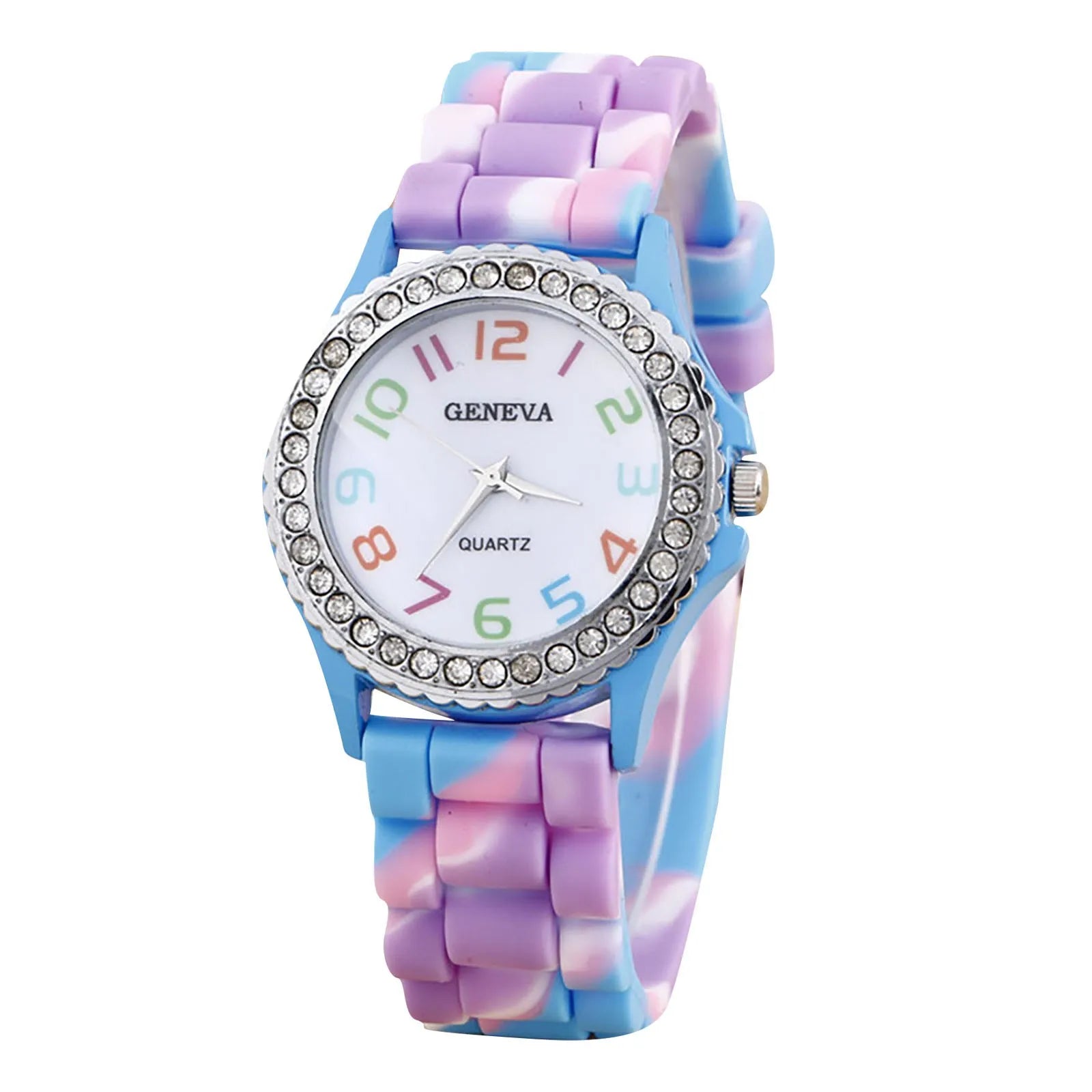 Girls’ Silicone Camouflage Watch Crystal Bling Quartz Wrist Watch Fashion And Cool Casual PU Strap Round Dial With Diamond Watch Qme J