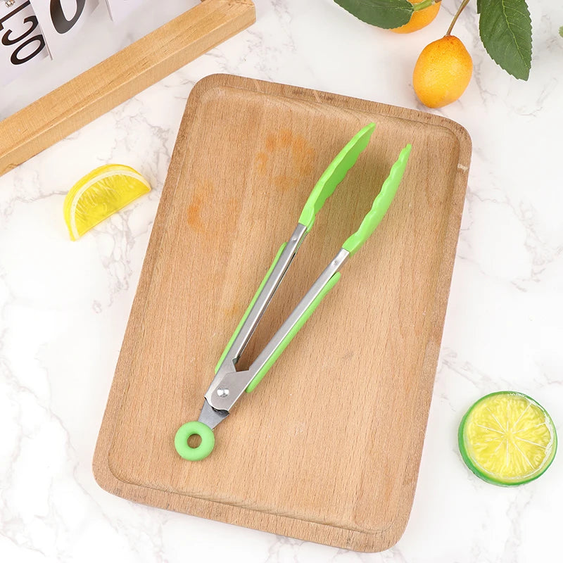 Stainless Steel Food Clip BBQ Grill Steak Non-slip Handle Bread Tong Qme Green