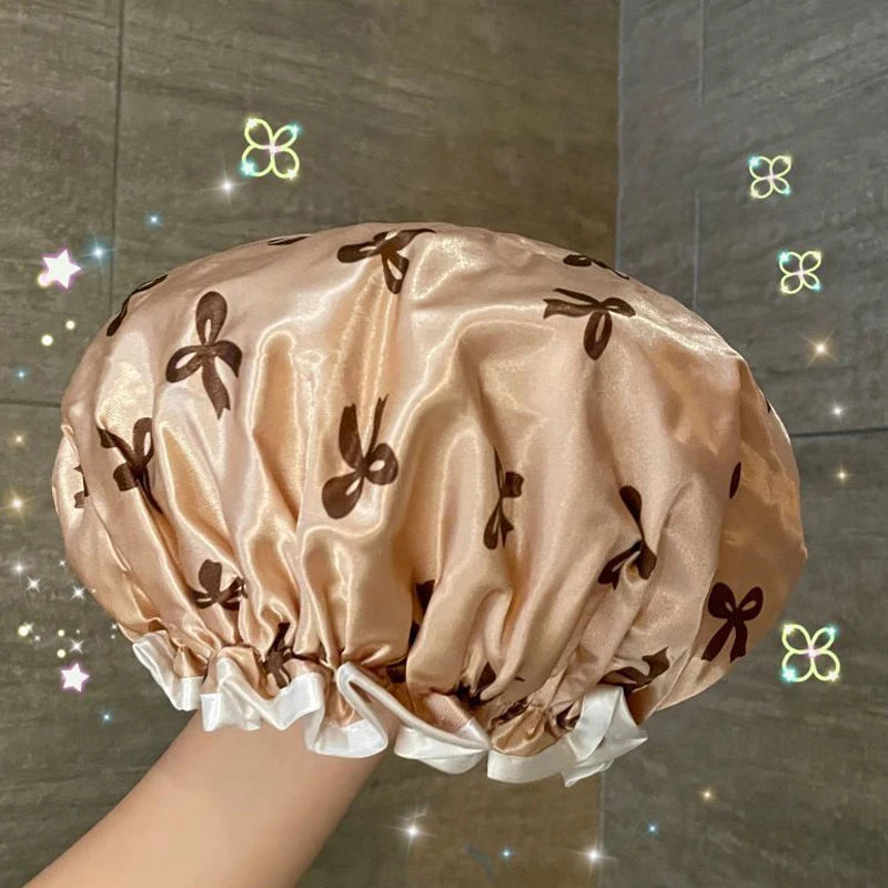 Double-layer Water-proof Shower Cap Antifouling Kitchen Hair Cover Qme Gold