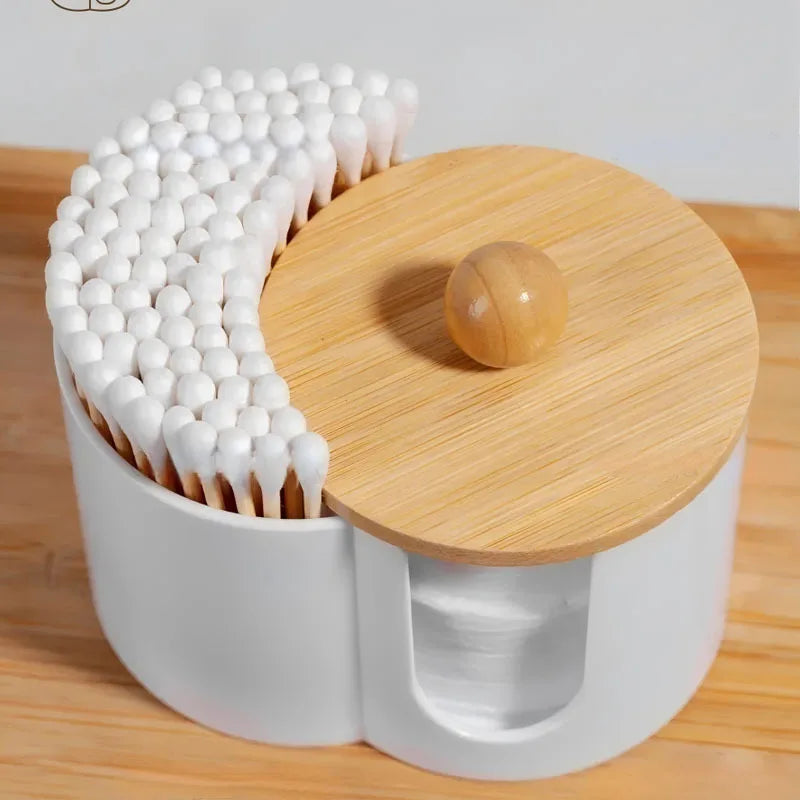 2-in-1 Cotton Swab Makeup Remover Cotton Integrated Storage Box Desktop Makeup Cotton Double Hole Storage Box Covered StorageBox Qme