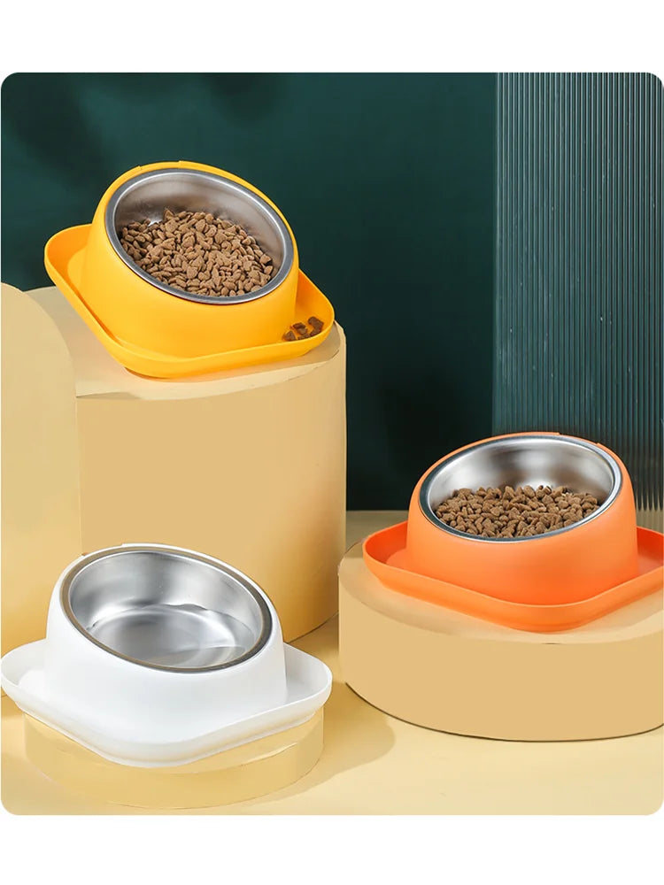 15° Tilted Stainless Steel Cat Bowl with Anti-Slip Plastic Base Neck Protection Pet Food Water Feeder Bowl for Cats And Kittens Qme