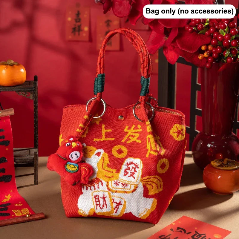 New 2026 Horse Year Cartoon Mascot Pony Knitted Bucket Bag For Women Fashion Large Capacity Portable Handbag New Year Gift Qme style 8