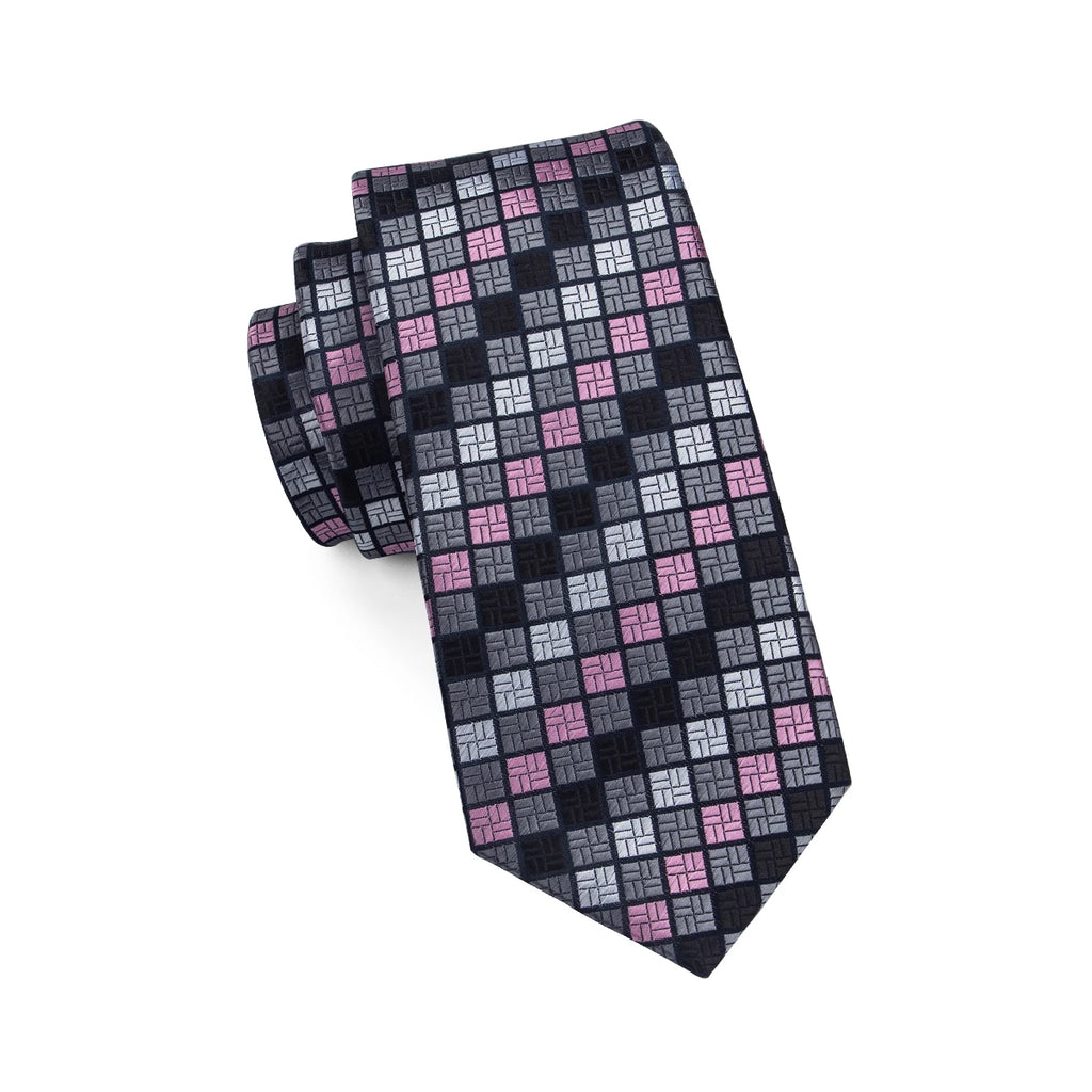 Hi-tie Designer Grey Plaid Novelty Silk Wedding Tie Men Handky Qme