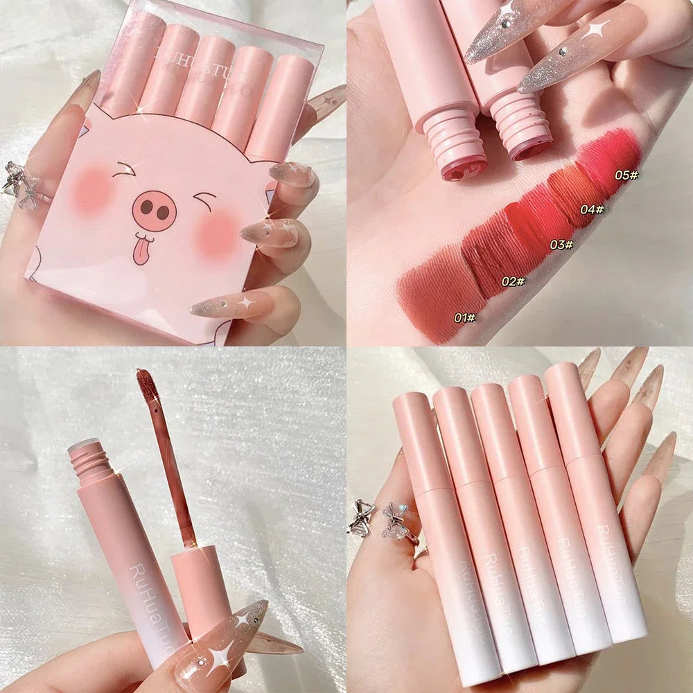 5Pcs Cigarette Lip Gloss Set Matte Red Tint for Lips Makeup Long Lasting Water Mirror Lip Glaze Waterproof Lipstick Kit Cosmetic Qme 5pcs ruhuatuo