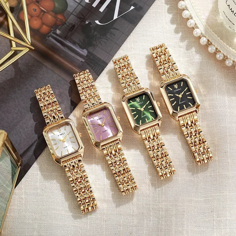 2026 2026 Light luxury steel strip women's watch pointer female student fashionable simple square quartz watch Qme