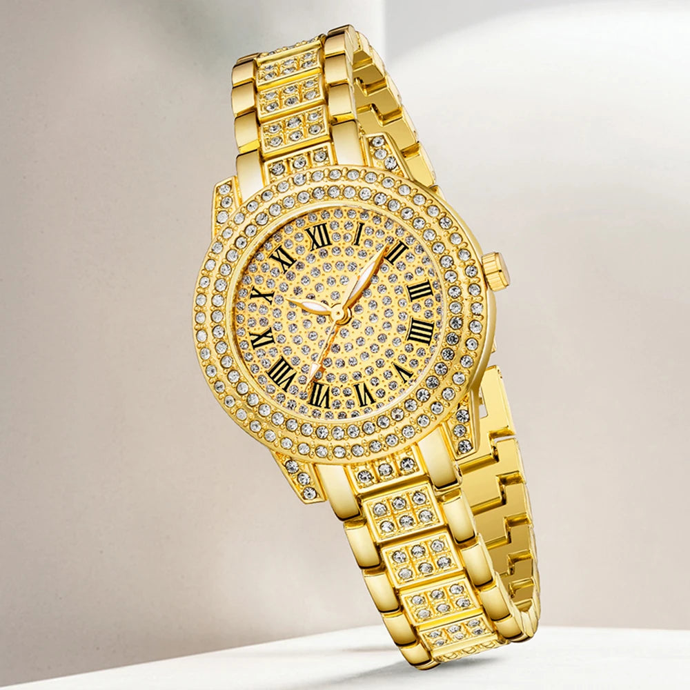Full Diamond Roman Dial Women's Gold Watch Unlimited Symbol Bracelet Love Bracelet Three Piece Set Accessories Qme