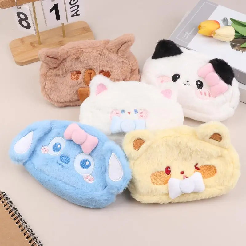 Cute Cartoon Animal Plush Pencil Case Large Capacity Stationery Qme