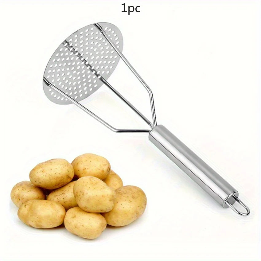 Heavy-Duty Multi-Use Potato Masher and Juicer - Stainless Steel Kitchen Tool with Comfort Grip Handle, Heavy-Duty Masher Qme Silvery