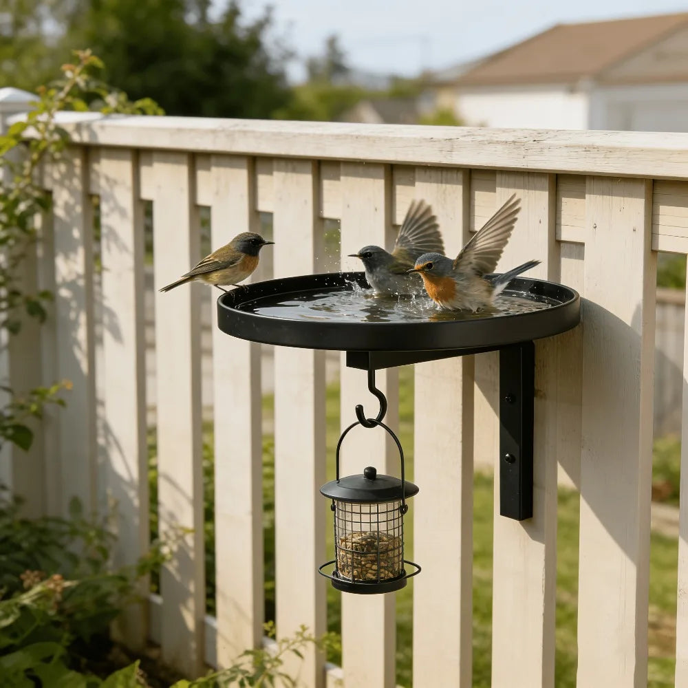 3-in-1 Wall Mounted Metal Bird Feeder Bath Plant Hook Rustic Garden Qme