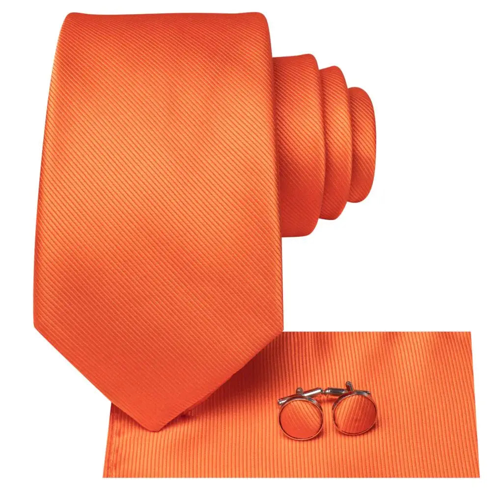 Hi-Tie Solid Orange Blue Mens Fashion Necktie Handkerchief Cufflinks for Tuxedo Accessory Classic Silk Luxury Tie for Man Gift Qme