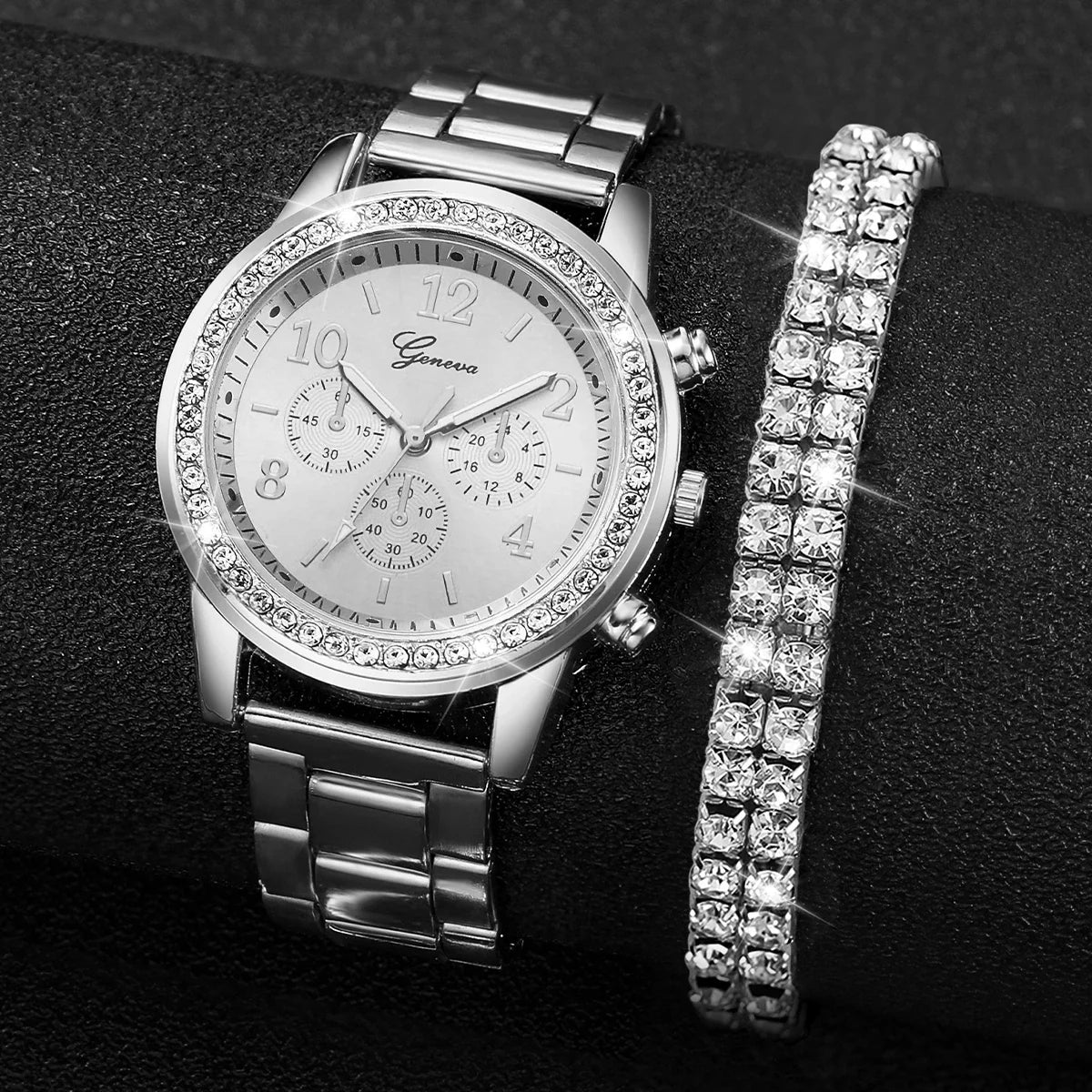 Relógios de pulso de quartzo com strass para mulheres, pulseira de aço dourado, pulseira de diamante sem caixa, fashion, 2PCs Qme silver set