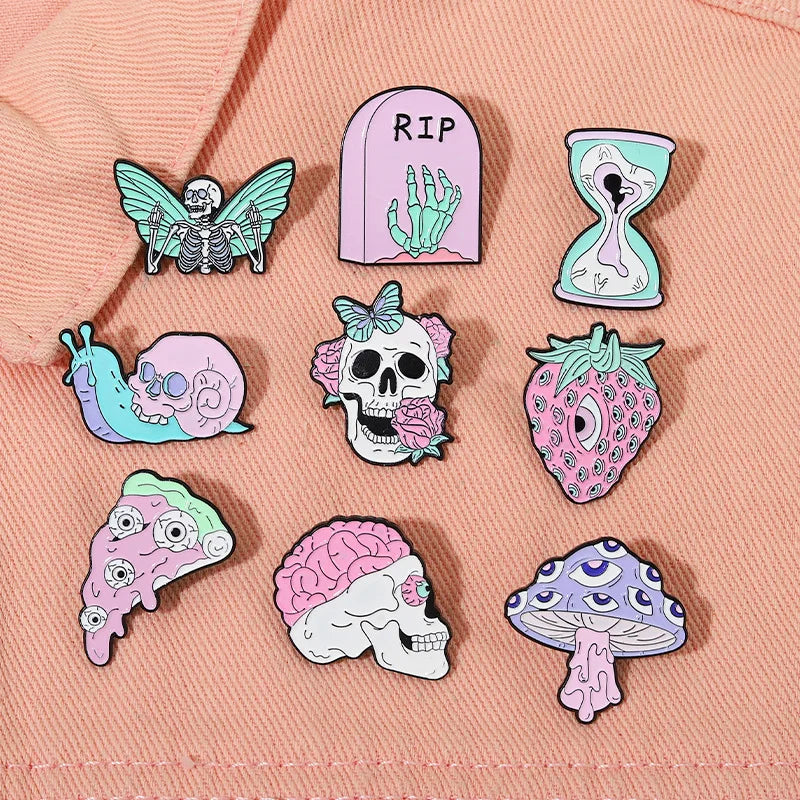 Purple Skeleton Enamel Pin Punk Butterfly Flower Intensive Eyes Gothic Strawberry Mushroom Halloween Lapel Badge Friends Jewelry Qme