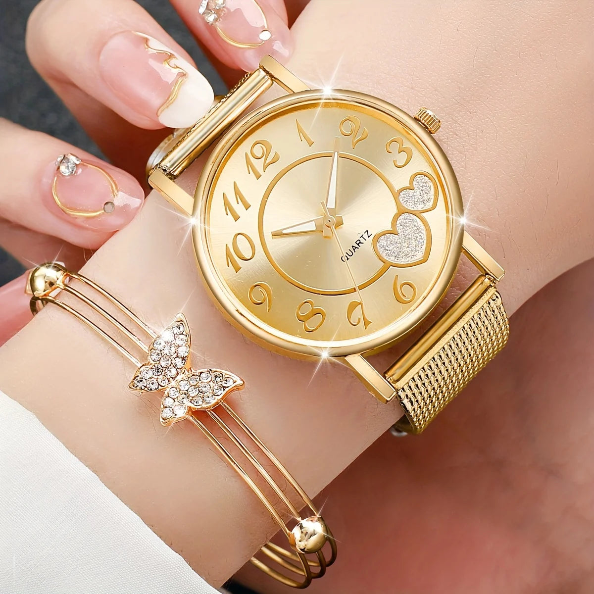 3/5Pcs Butterfly Watch Jewelry Set Women Rose Gold Mesh Quartz Wristwatch Crystal Butterfly Necklace Earrings Bangle Ring Gift Qme
