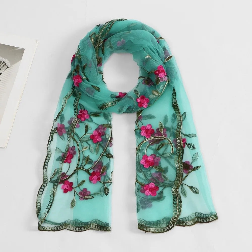 Ethnic Style Embroidered Floral Headwrap Breathable Lightweight Boho Sheer Shawl Skin-Friendly Soft Summer Hijab Qme Cyan