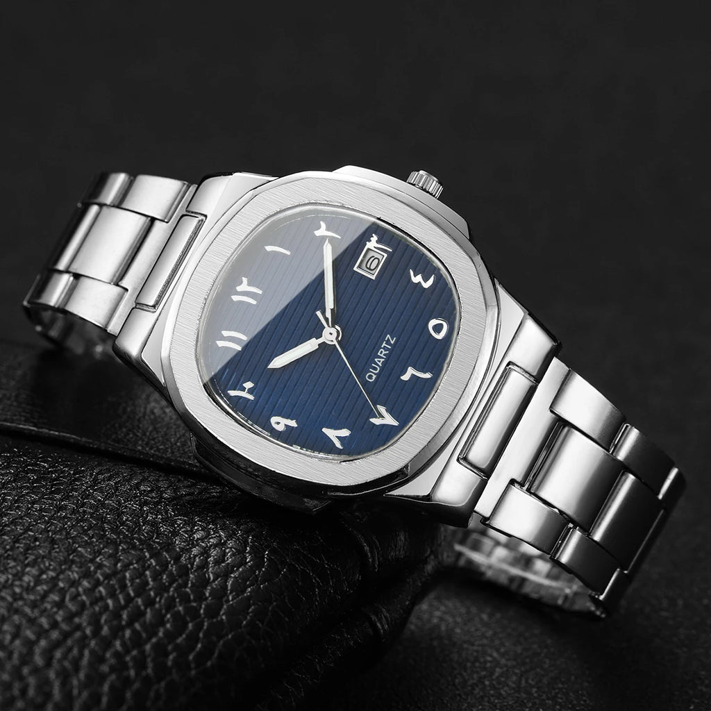Men's Casual Silver Jewelry Set, Blue Dial Arabic Numeral Quartz Watch with Stainless Steel Band and Cross Cutout Ring Qme