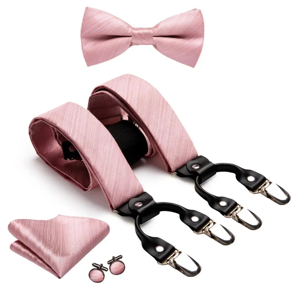 Hi-tie Jacquard Woven Silk Gold Mens Suspender Braces Bow Tie Hanky