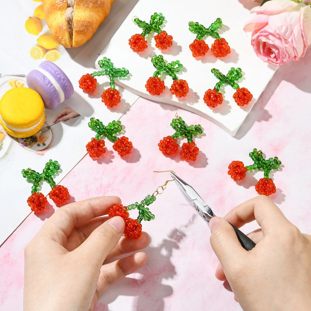 Pandahall 10Pcs Red Cherry Glass Charms Handmade Glass Seed Beaded Pendants 3D Fruit Cherry Dangle Charms for DIY Jewelry Making Qme