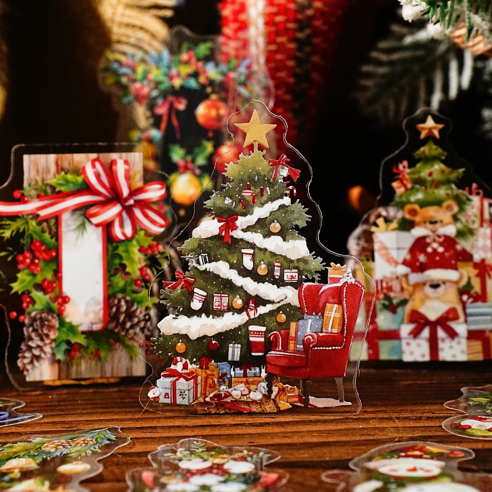 15 Sheets Christmas Theme PET Sticker Pack for Scrapbook DIY Photo Frame Collage Decor, Christmas Gift Decorative Stickers Qme