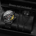 4PCS/Set Fashion 3D Car Wheel Dial Men Sports Watch Luxury Steel Band Quartz Wristwatches Jewelry Set Reloj Hombre（Without Box） Qme Yellow Without Box