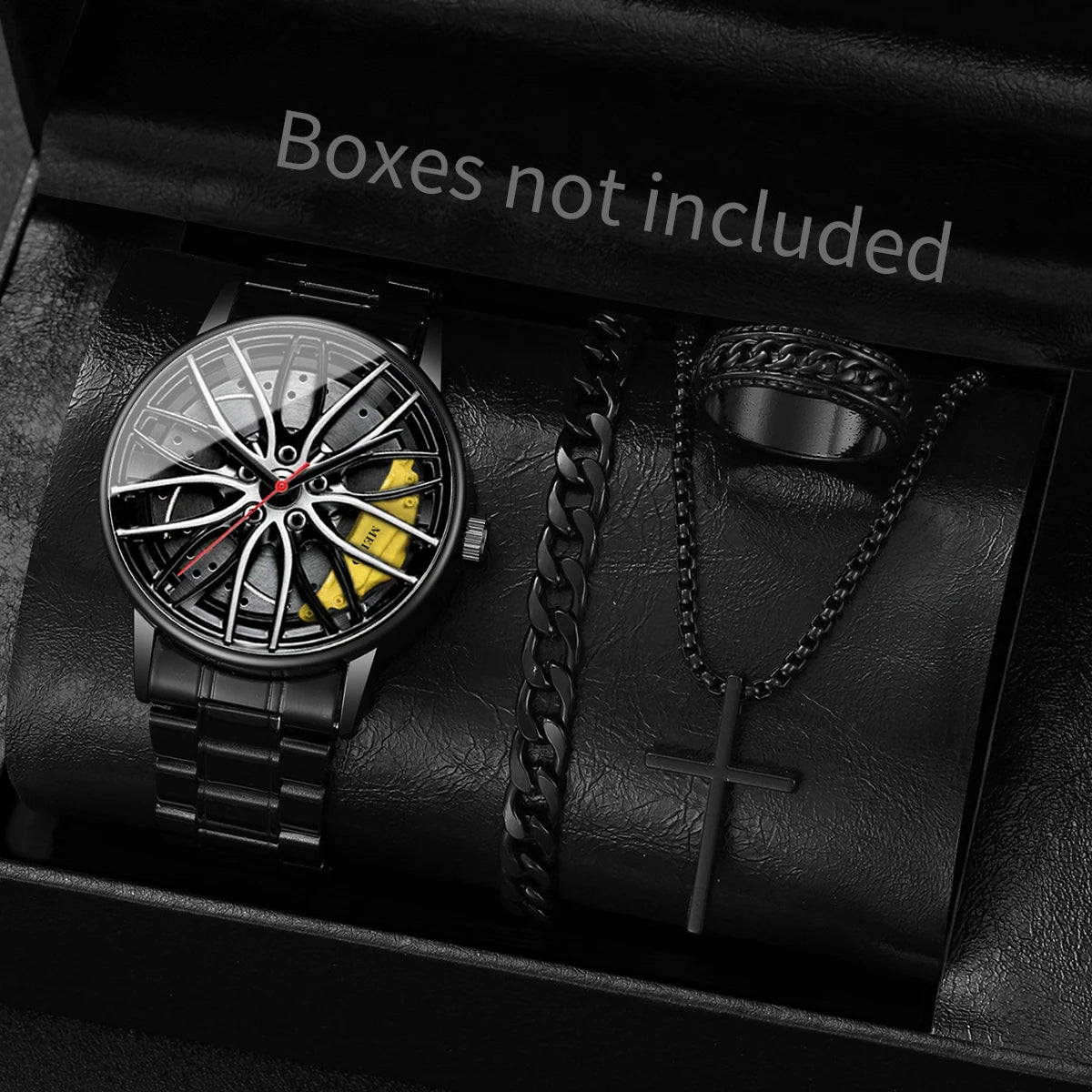 4PCS/Set Fashion 3D Car Wheel Dial Men Sports Watch Luxury Steel Band Quartz Wristwatches Jewelry Set Reloj Hombre（Without Box） Qme Yellow Without Box