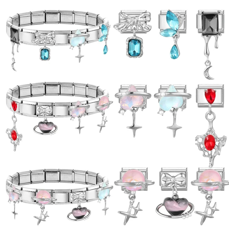 2026 New Shiny Zircon Candy Heart Star Bow Italian Charm Links Fit 9mm Stainless Steel Bracelet Women Jewelry DIY Making Gifts Qme