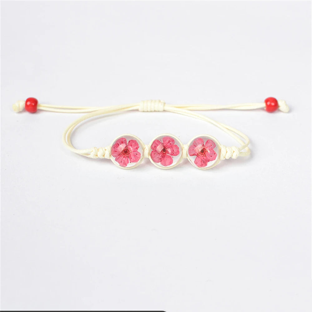 b22 Glass Ball Dried Cherry Blossoms Hand-made Dried Flower Charm Bracelets Multiple options Gifts Natural Flower Weave Jewelry Qme red