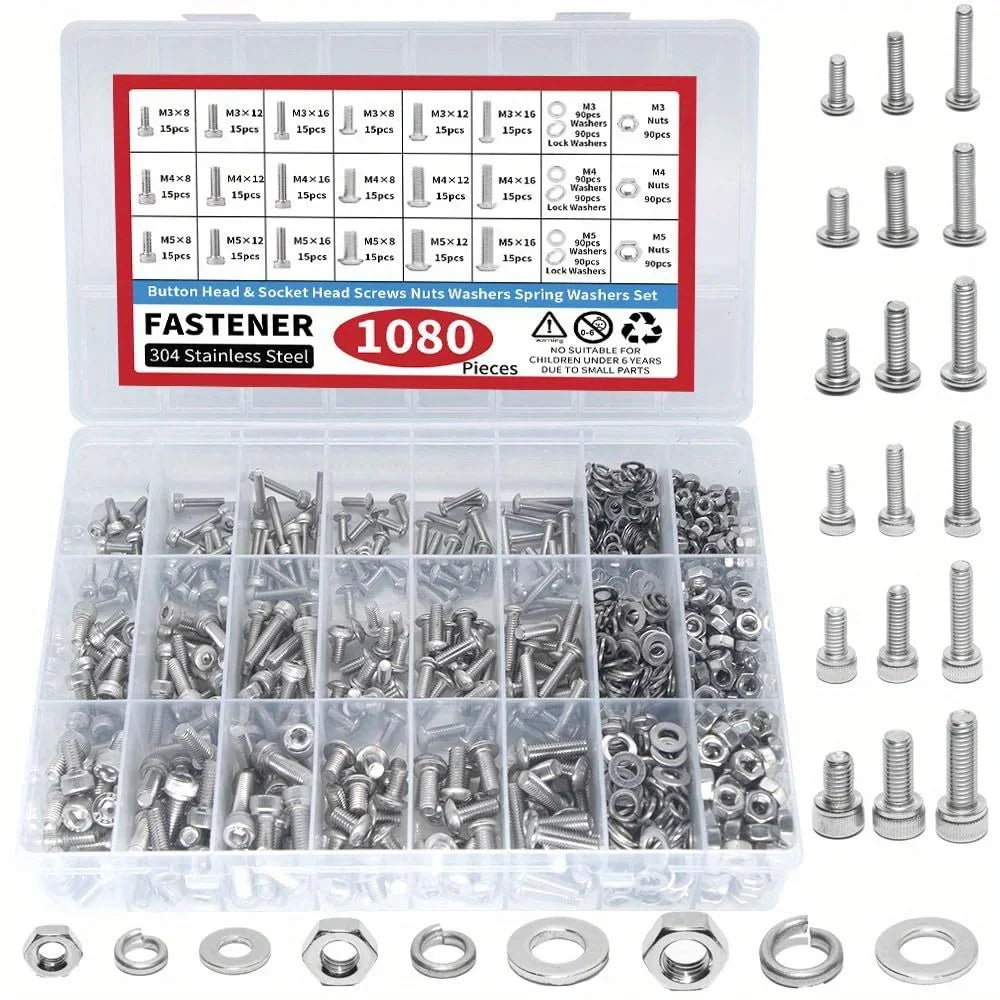 Fastener combination kit, suitable for machine screws of M3, M4, and M5 sizes, including metric screws with round heads Qme